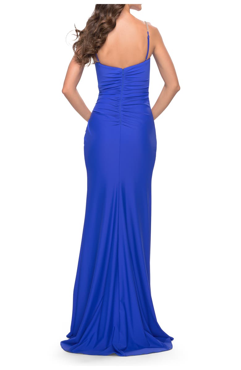 La Femme Long Ruched Jersey Gown with V-Neckline, Alternate, color, Royal Blue