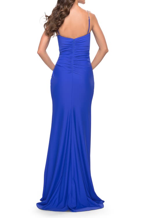 La Femme Long Ruched Jersey Gown With V-neckline