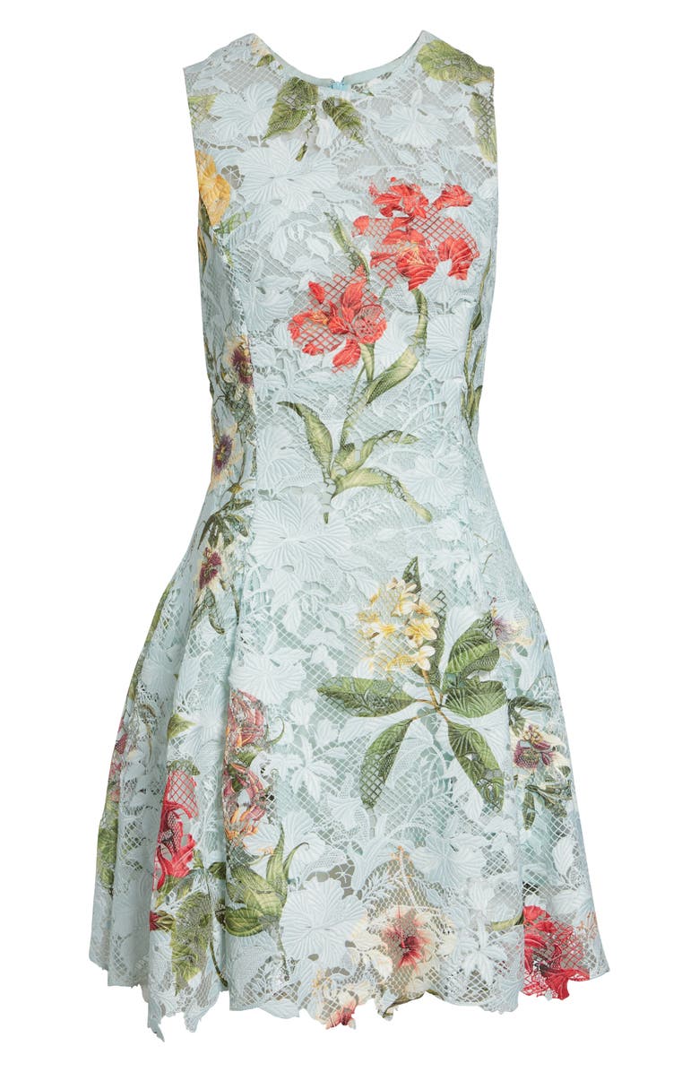 Oscar de la Renta Floral Print Guipure Lace Dress, Main, color, Saltwater Multi