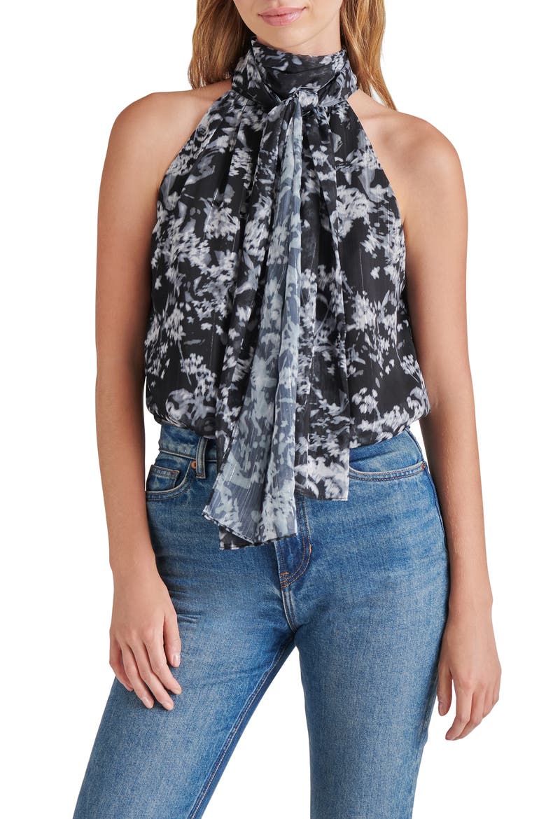 Zandra Metallic Tie Neck Sleeveless Bodysuit, Main, color, BLK/WHT