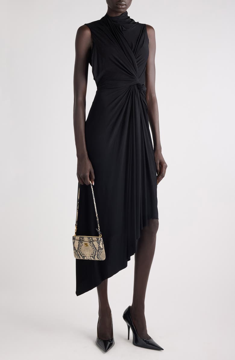 Balenciaga Draped Asymmetric Jersey Midi Dress, Alternate, color, 1000 Black