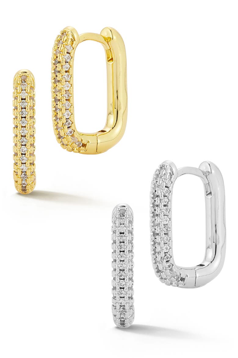 Set of 2 Pavé Huggie Hoop Earrings, Main, color, GOLD
