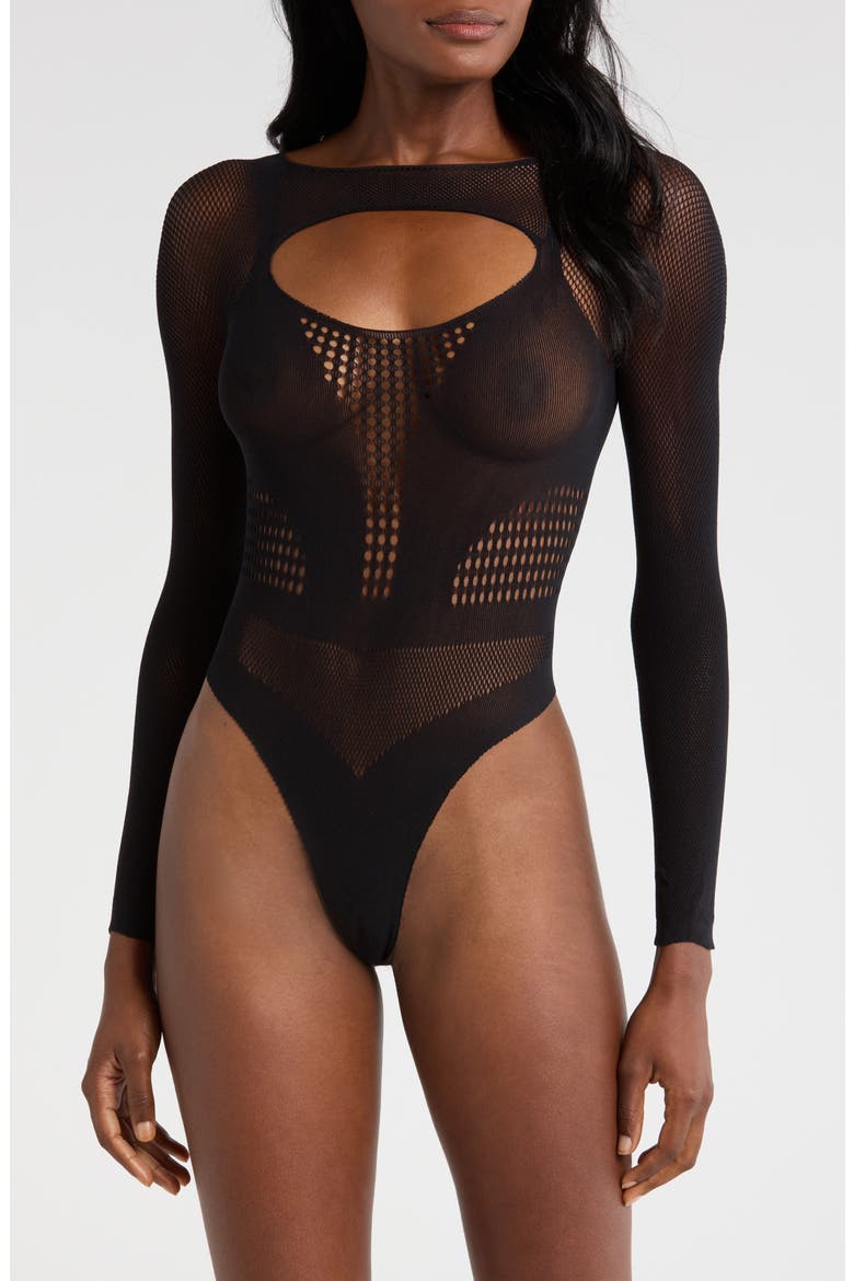 Pretty Long Sleeve Hosiery Thong Teddy, Main, color, BLACK