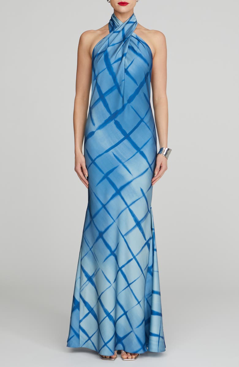HALSTON Corinne Satin Halter Gown, Main, color, Batik
