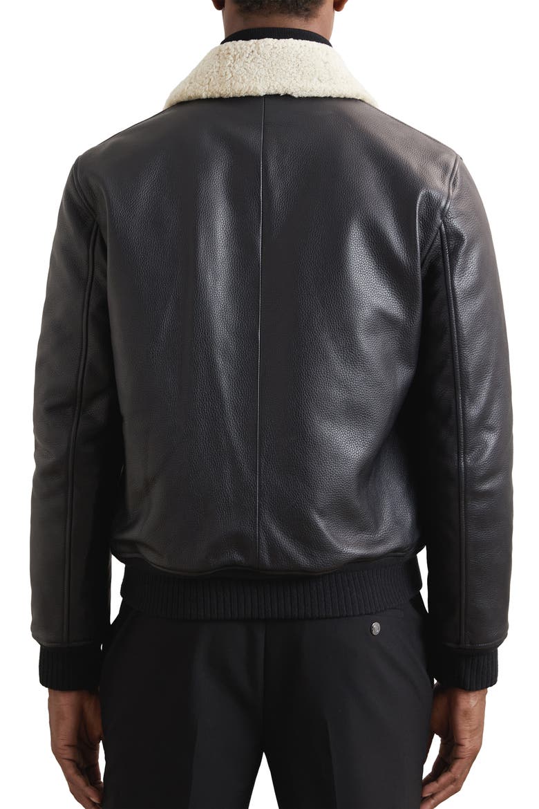 Shaker Shearling Collar Leather Bomber Jacket, Alternate, color, BLACK