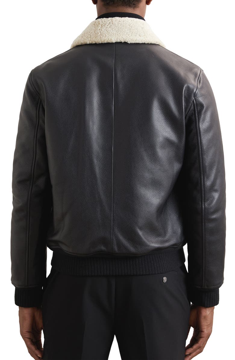 Reiss Shaker Shearling Collar Leather Bomber Jacket, Alternate, color, Black