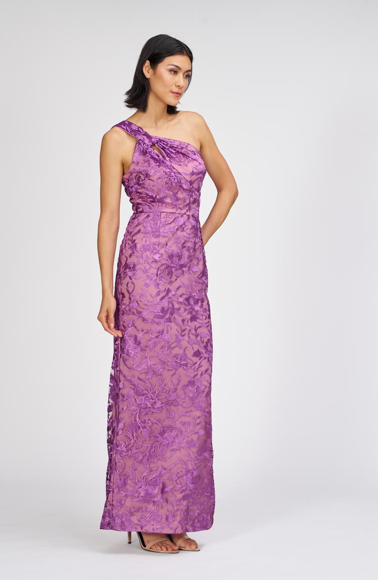 JS Collections Samantha Floral Embroidery One-Shoulder Column Gown, Alternate, color, Violet Rose