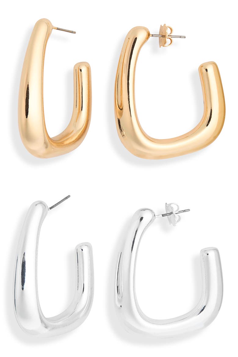 Set of 2 J-Hoop Earrings, Main, color, GOLD- SILVER