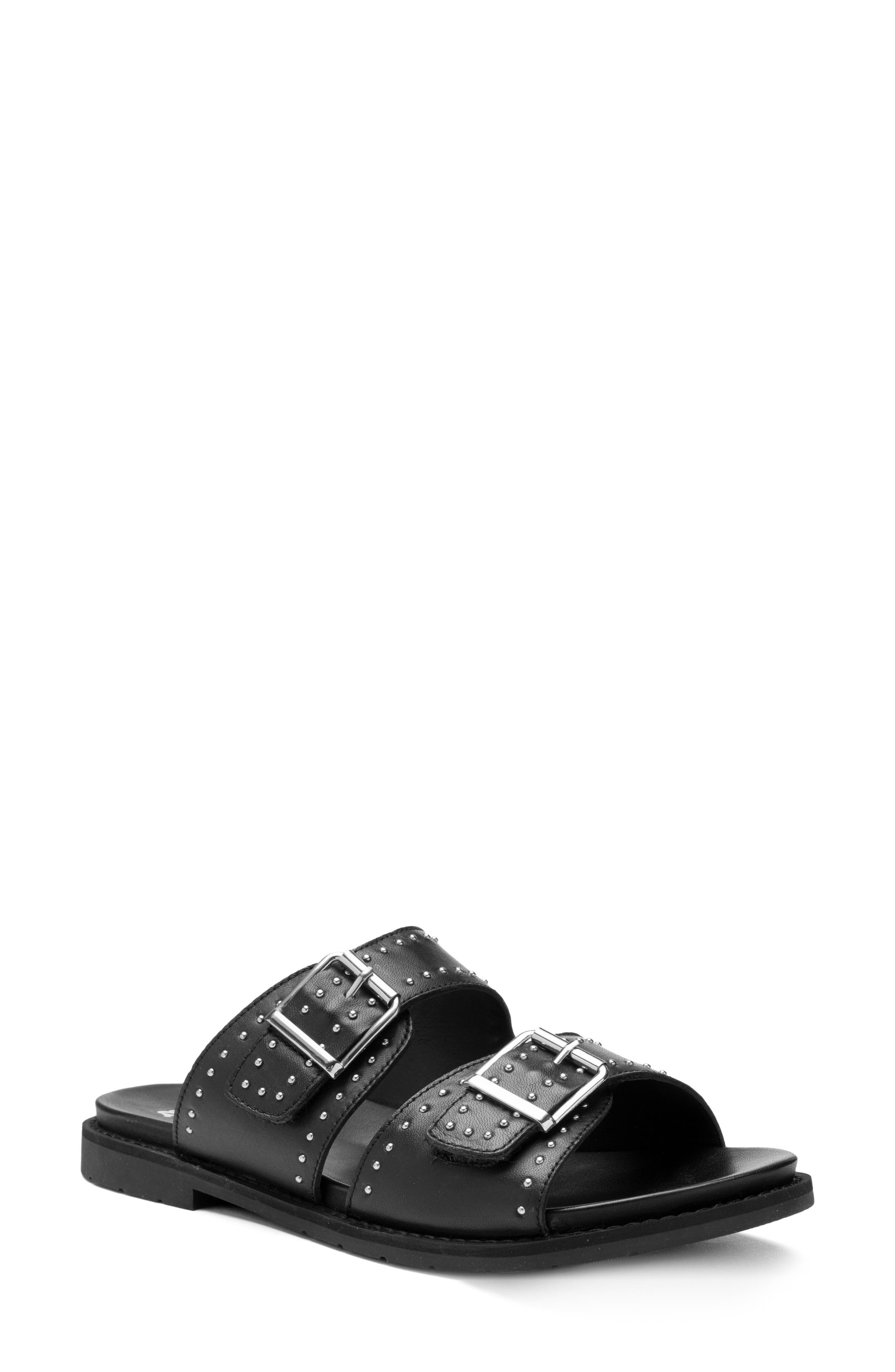 ara Elm Studded Buckle Strap Slide Sandal, Main, color, Black