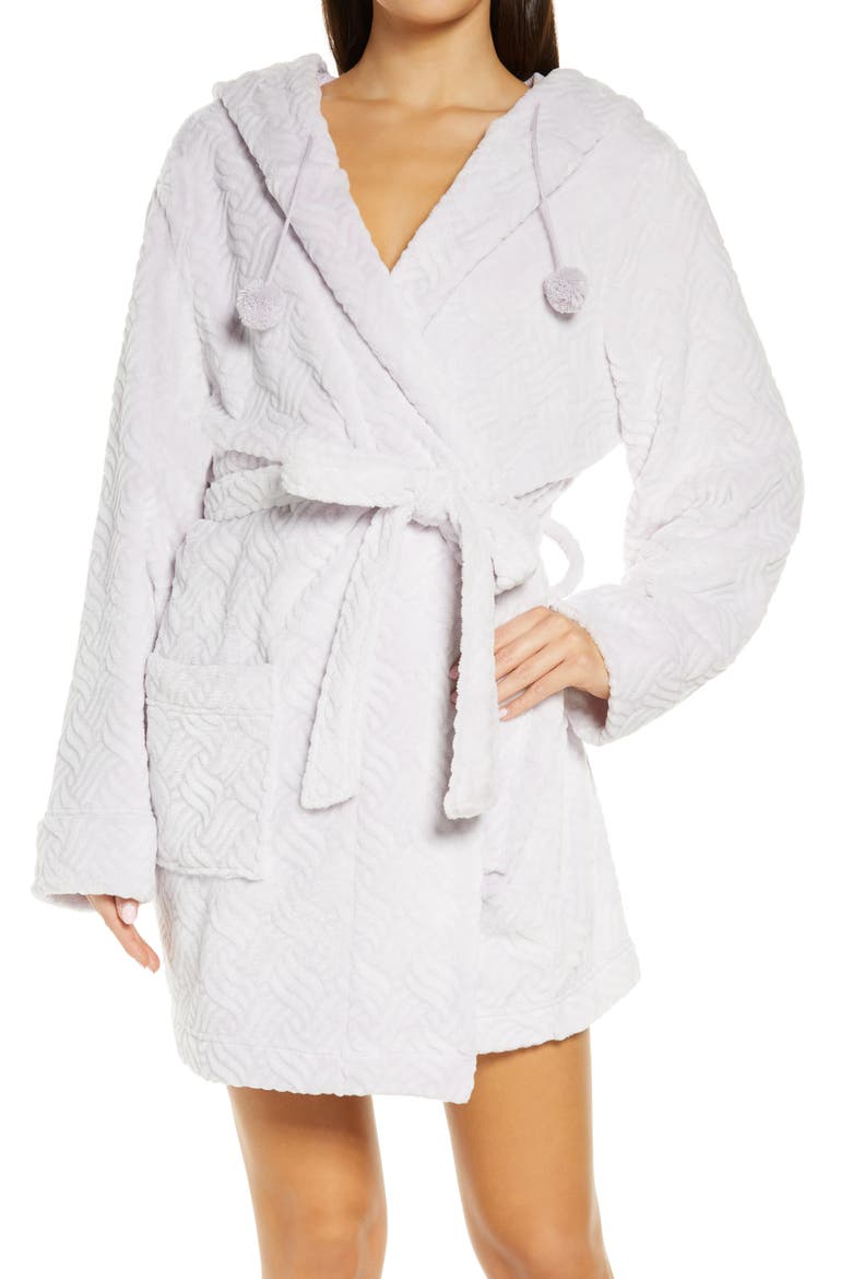 Intimates Winter Night Hooded Fleece Short Robe, Main, color, STARDUST