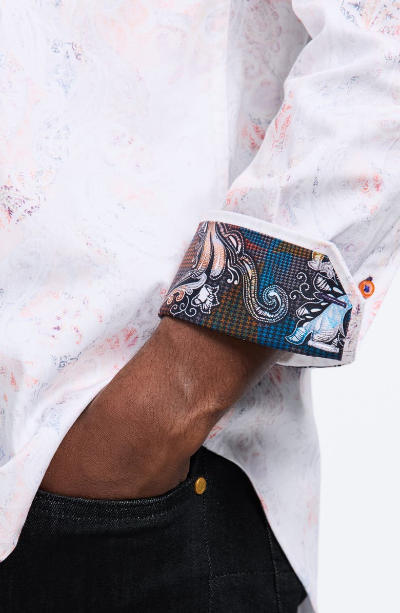 Robert Graham Addington Faded Paisley Stretch Cotton Button-Up Shirt, Alternate, color, White Multi