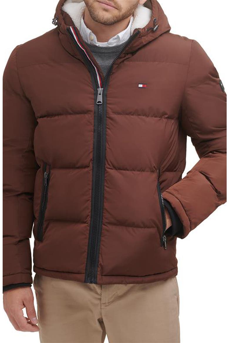 Hooded Puffer Jacket with Faux Shearling Lining, Main, color, BROWN