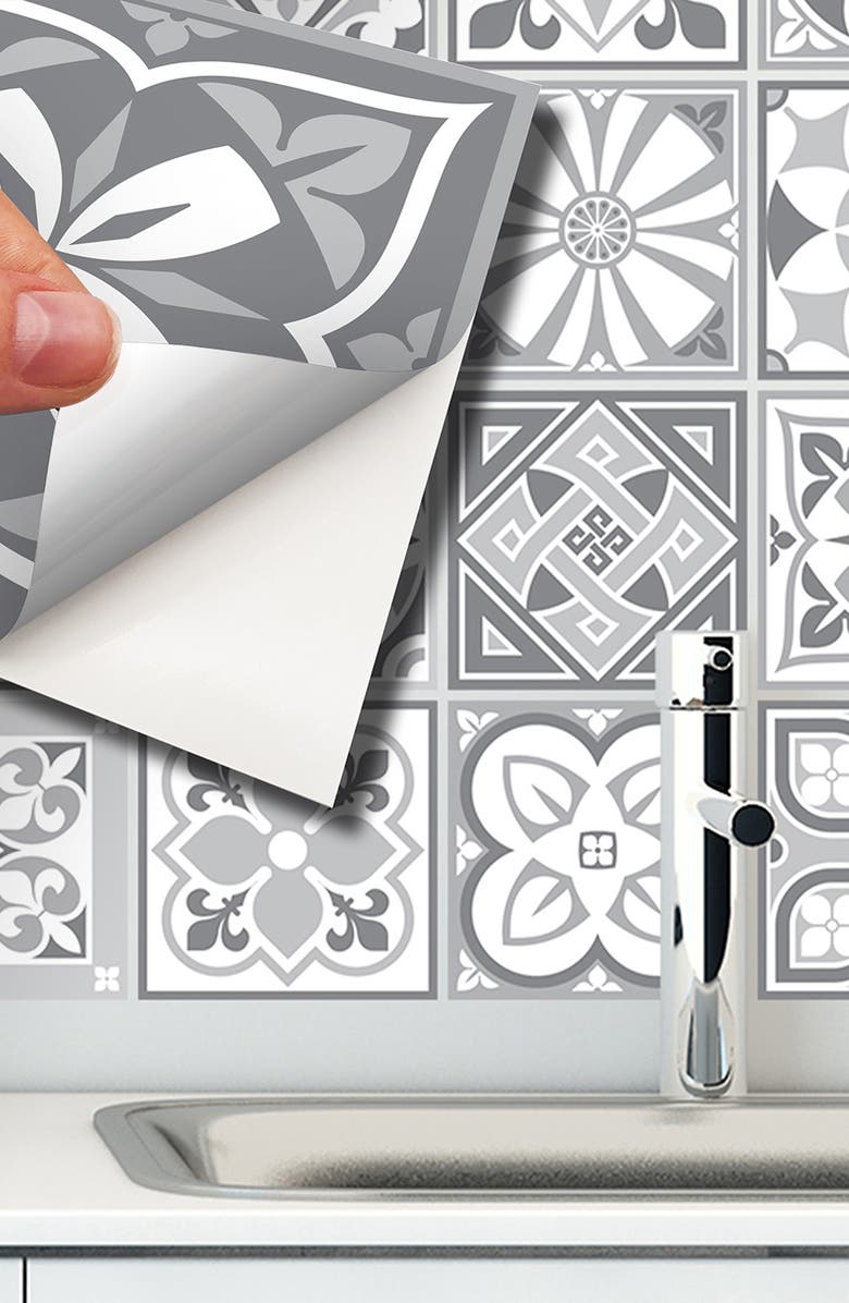 WALPLUS Purbeck Stone 72-Piece Tile Sticker Set, Alternate, color, White/ Grey