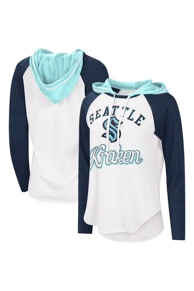 Women's G-III Sports by Carl Banks White/Deep Sea Blue Seattle Kraken MVP Raglan Lightweight Hooded T-Shirt, Main, color, White