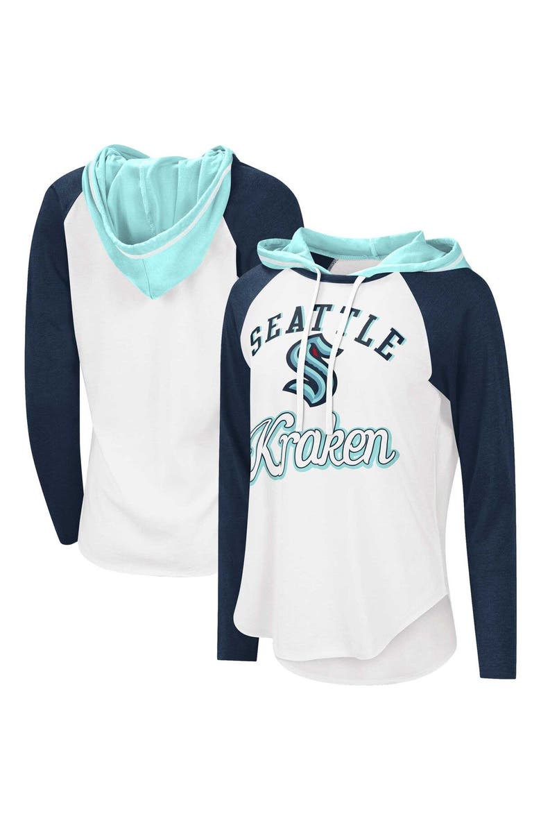 G-III SPORTS BY CARL BANKS Women's G-III Sports by Carl Banks White/Deep Sea Blue Seattle Kraken MVP Raglan Lightweight Hooded T-Shirt, Main, color, White