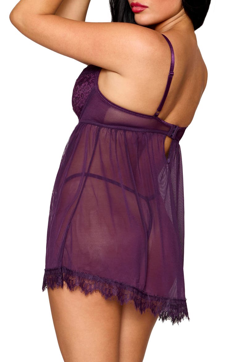 Underwire Babydoll Chemise & G-String Set, Alternate, color, EGGPLANT