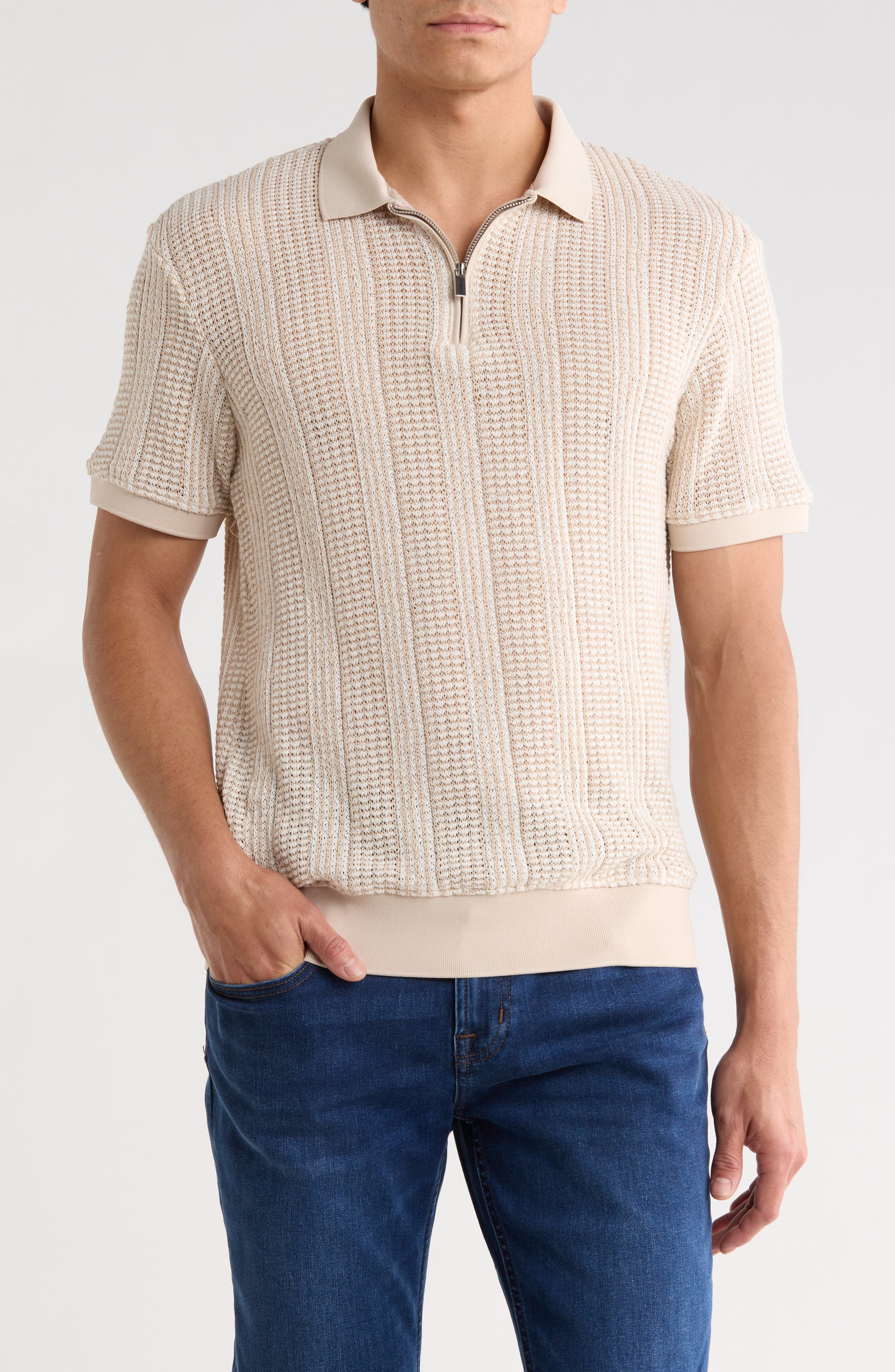 DENIM AND FLOWER Textured Knit Quarter Zip Polo