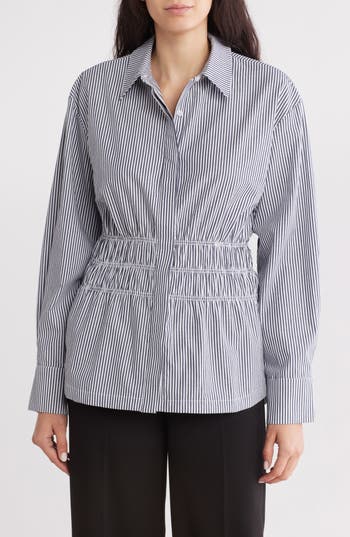 Steve Madden Smock Waist Button Up Shirt In Banker Stripe