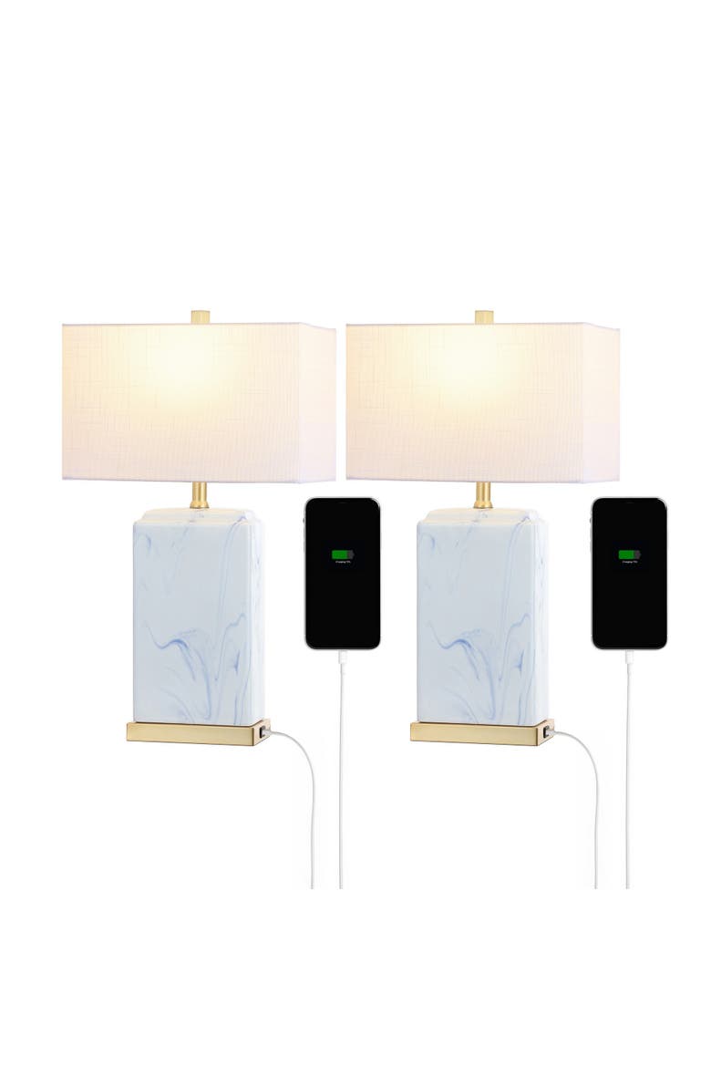 Chloe 24.5" Modern Coastal Iron/Marbled Ceramic LED Table Lamp with USB Charging Port, Blue/White, Main, color, Blue/White