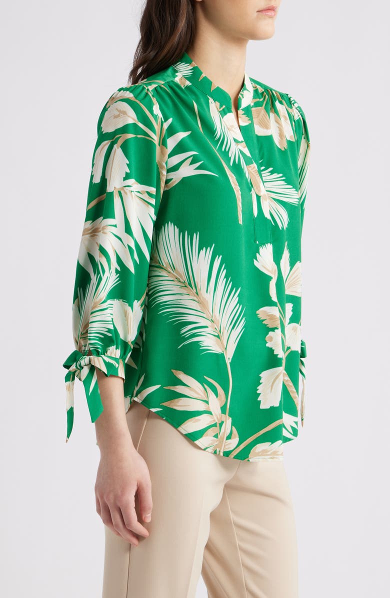 Anne Klein Palm Print Tie Cuff Crepe Top, Alternate, color,
