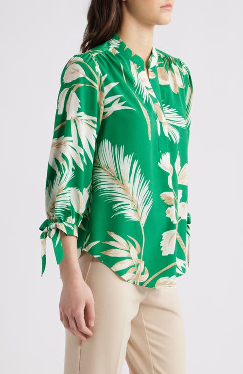 Anne Klein Palm Print Tie Cuff Crepe Top In Tropical Green Multi