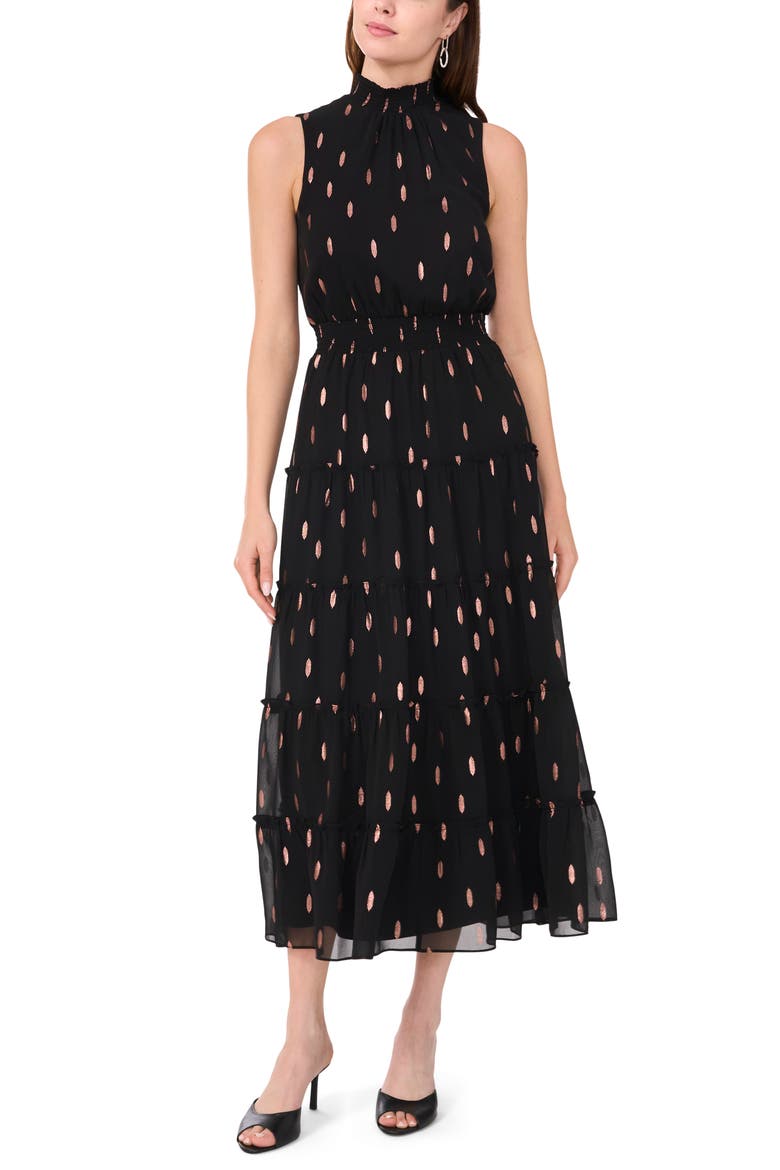 Print Smocked Mock Neck Tiered Maxi Dress, Alternate, color, RICH BLACK 060