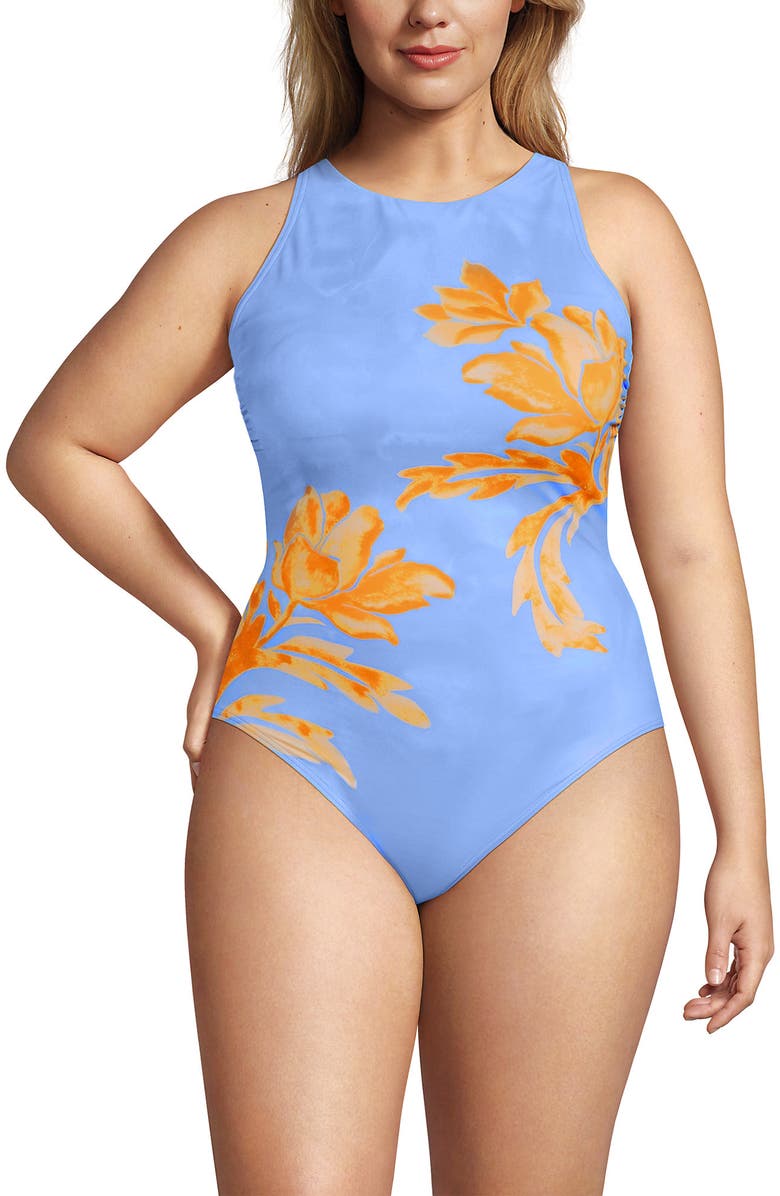 Lands
 End Tugless High Neck Portrait Back One Piece Swimsuit, Main, color, Blue Elegant Floral Placement