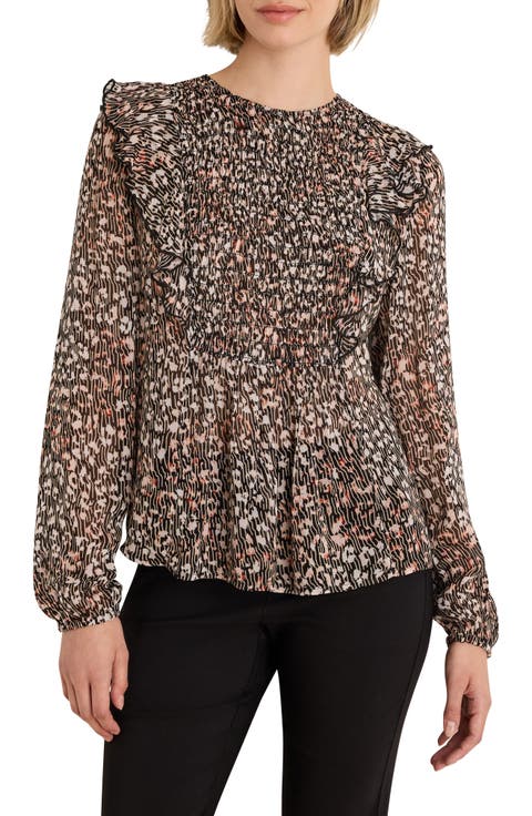Leo Animal Print Georgette Ruffle Trim Top