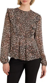 NIC+ZOE Leo Animal Print Georgette Ruffle Trim Top