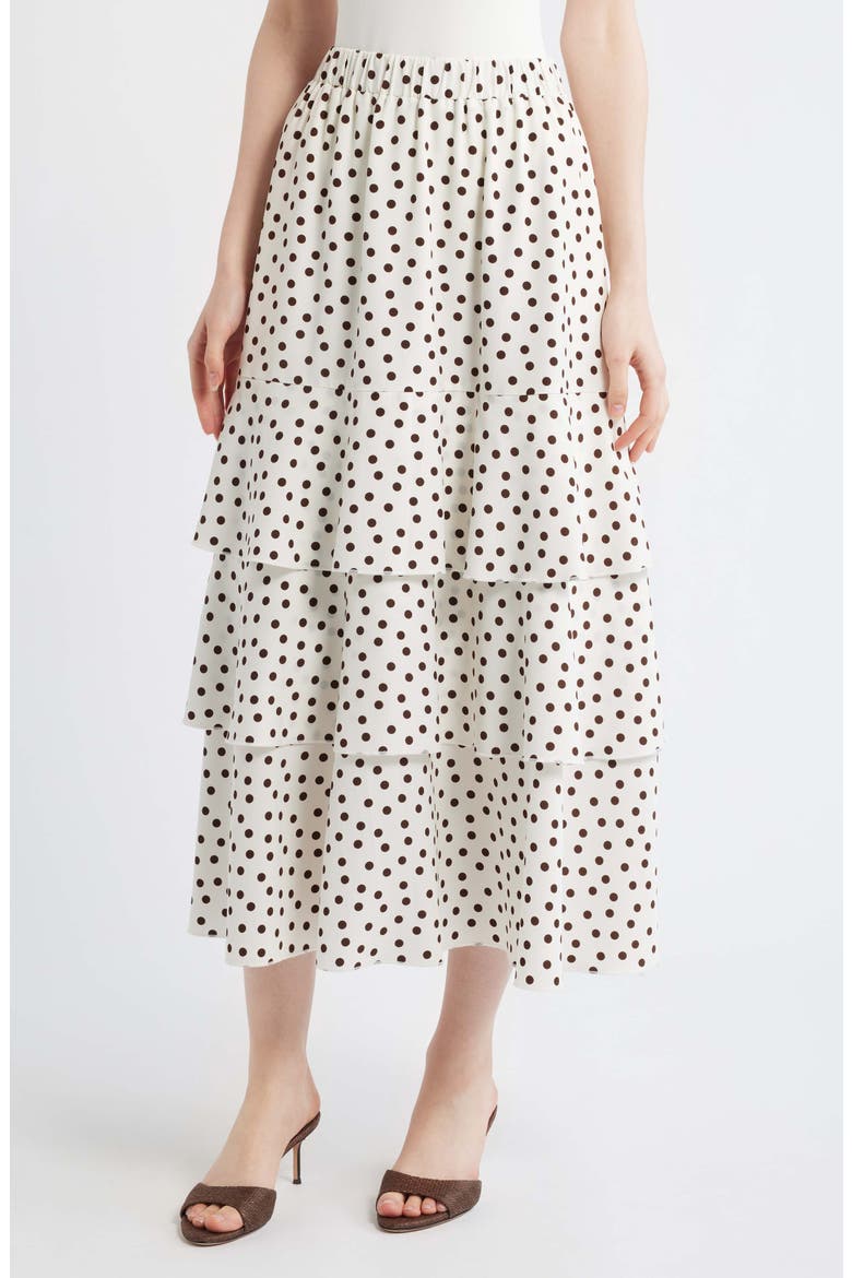 Tiered Polka Dot Midi Skirt, Main, color, WHITE/ DARK CHOCOLATE