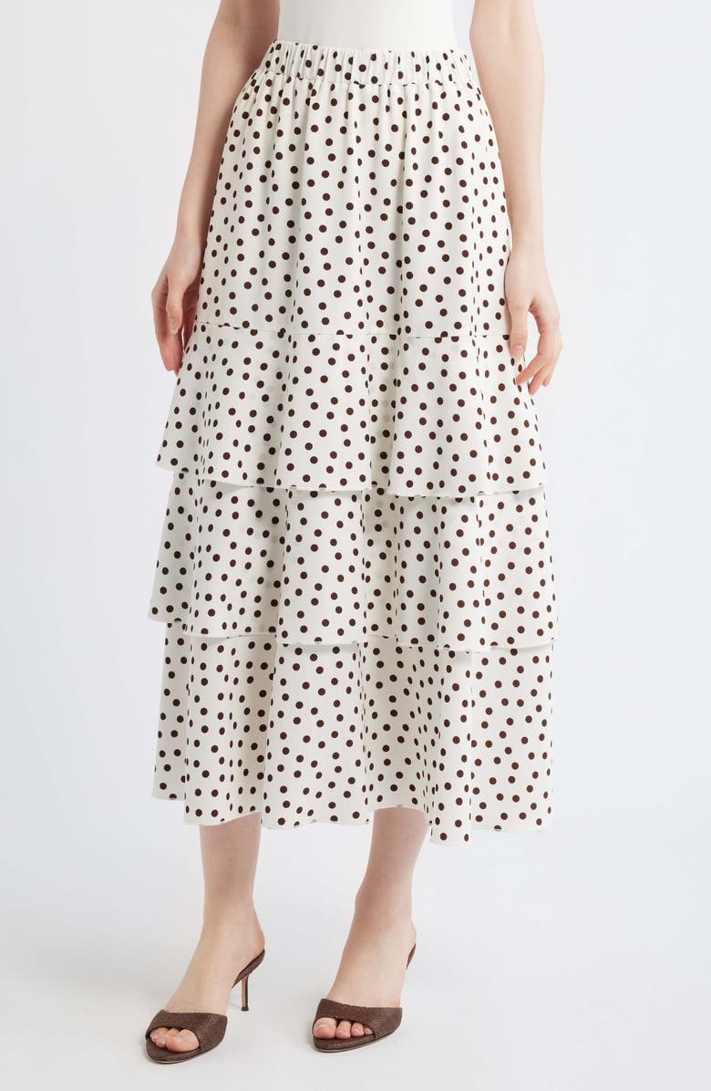 Anne Klein Tiered Polka Dot Midi Skirt, Main, color, White/ Dark Chocolate