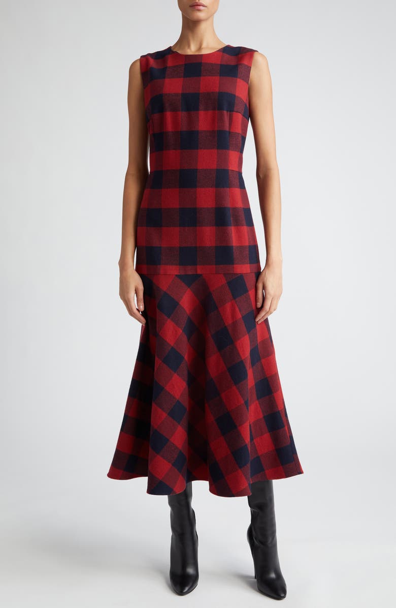 Akris punto Buffalo Plaid Wool & Cotton Flannel Drop Waist Dress, Alternate, color,