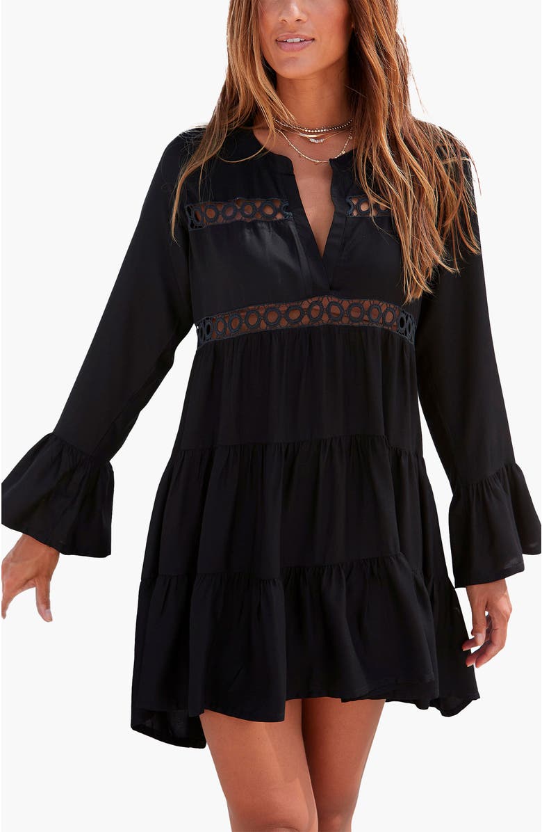 LASCANA Women's Flowy Flared Sleeve Dress, Main, color, Black