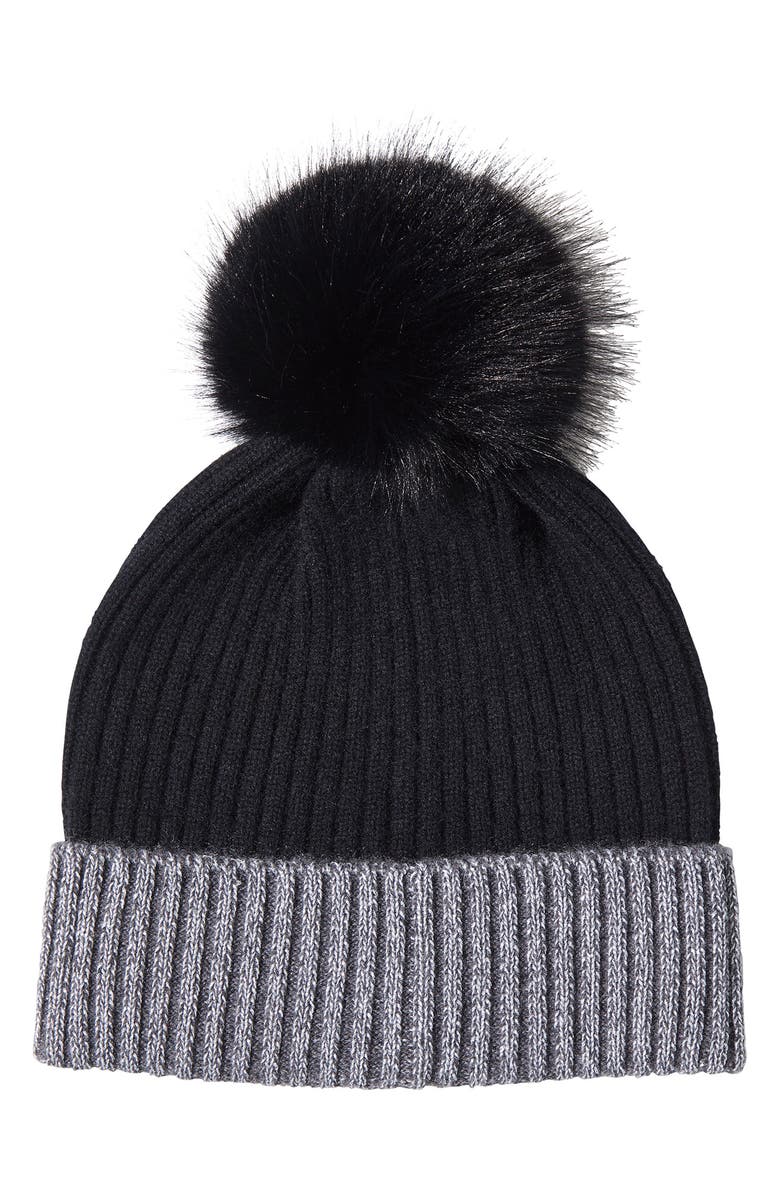 Sofia Cashmere Ribbed Cashmere Knit Beanie with Faux Fur Pompom, Main, color, Black/ Charcoal