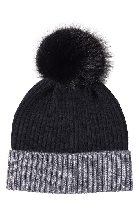 Ribbed Cashmere Knit Beanie with Faux Fur Pompom