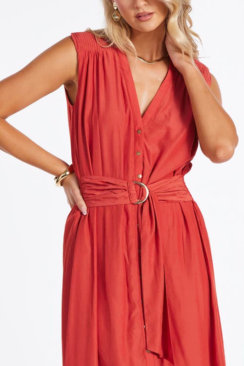 Bishop + Young Satin Belted Dress In Hibiscus In Red