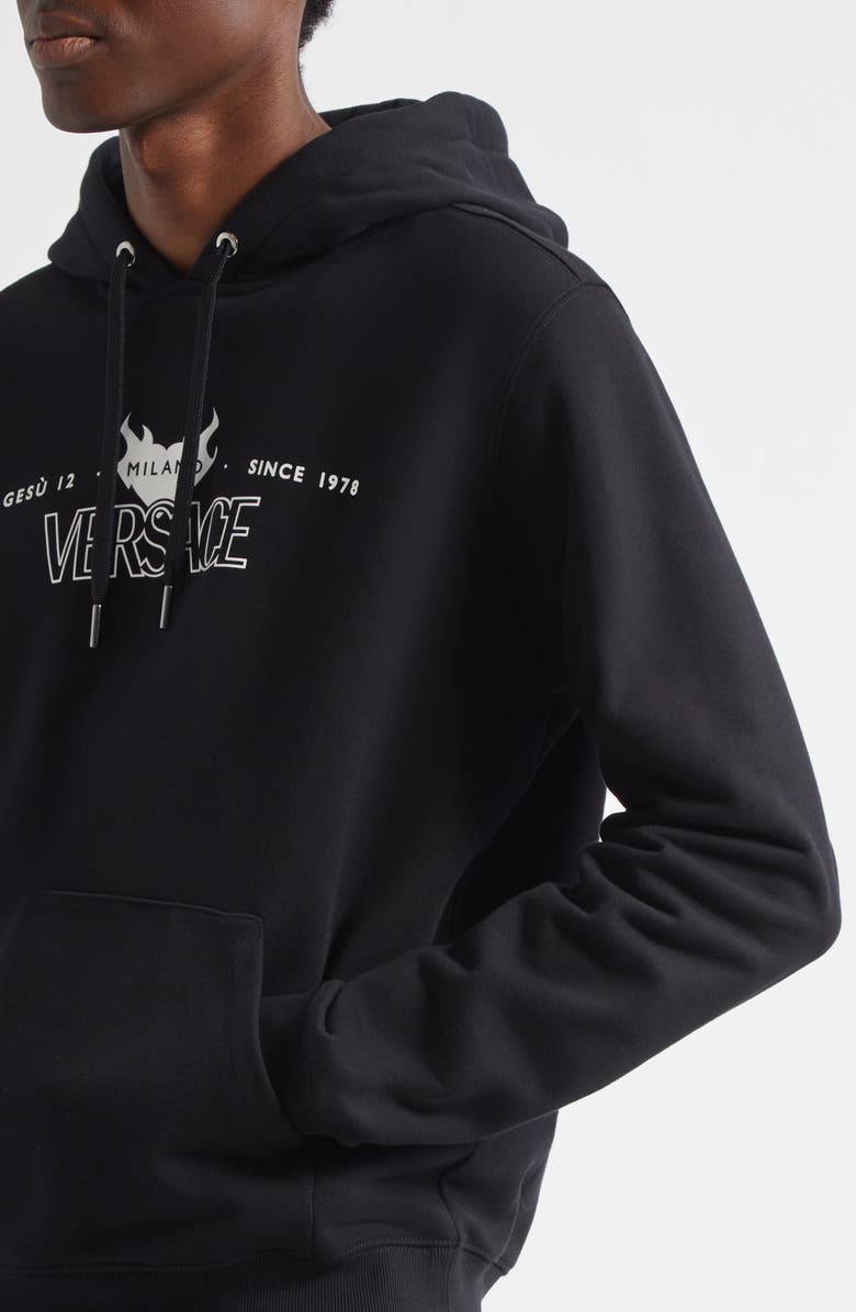 Versace Via Gesù Logo Graphic Hoodie, Alternate, color, Black Print