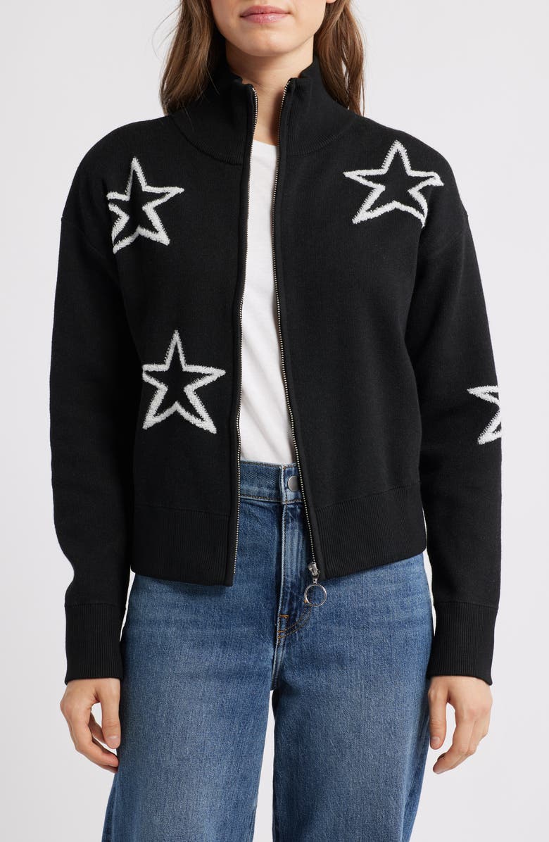 Bobeau Star Zip Cardigan, Main, color, Black
