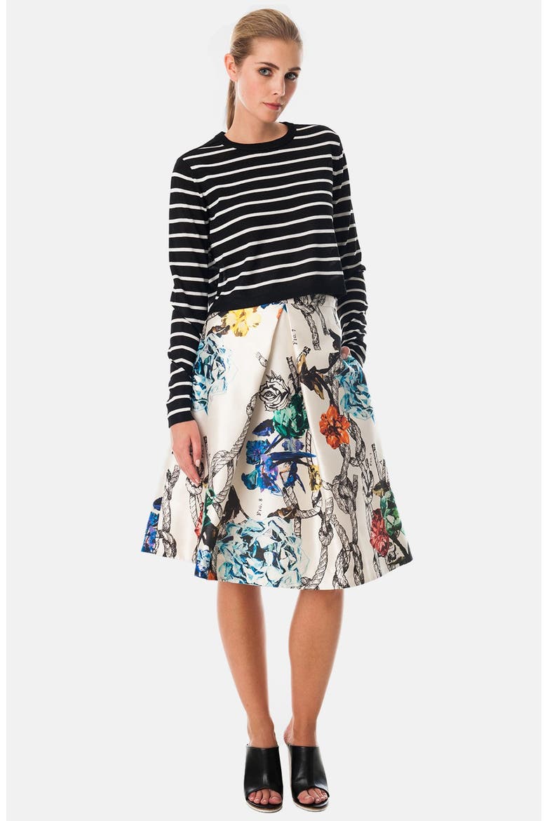 Tattoo Print Silk Gazar Pleated Skirt, Main, color, CREAM MULTI