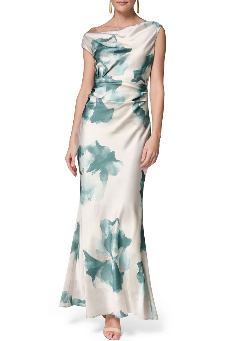 Water Lily Print One-Shoulder Gown, Main, color, WATRLILY