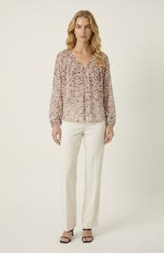 Modenaire V Neck Patterned Lightweight Long Sleeve Blouse