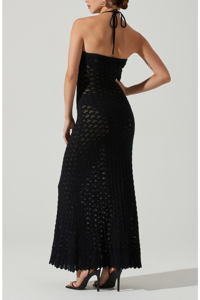 Shira Pointelle Stitch Halter Maxi Dress, Alternate, color, BLACK