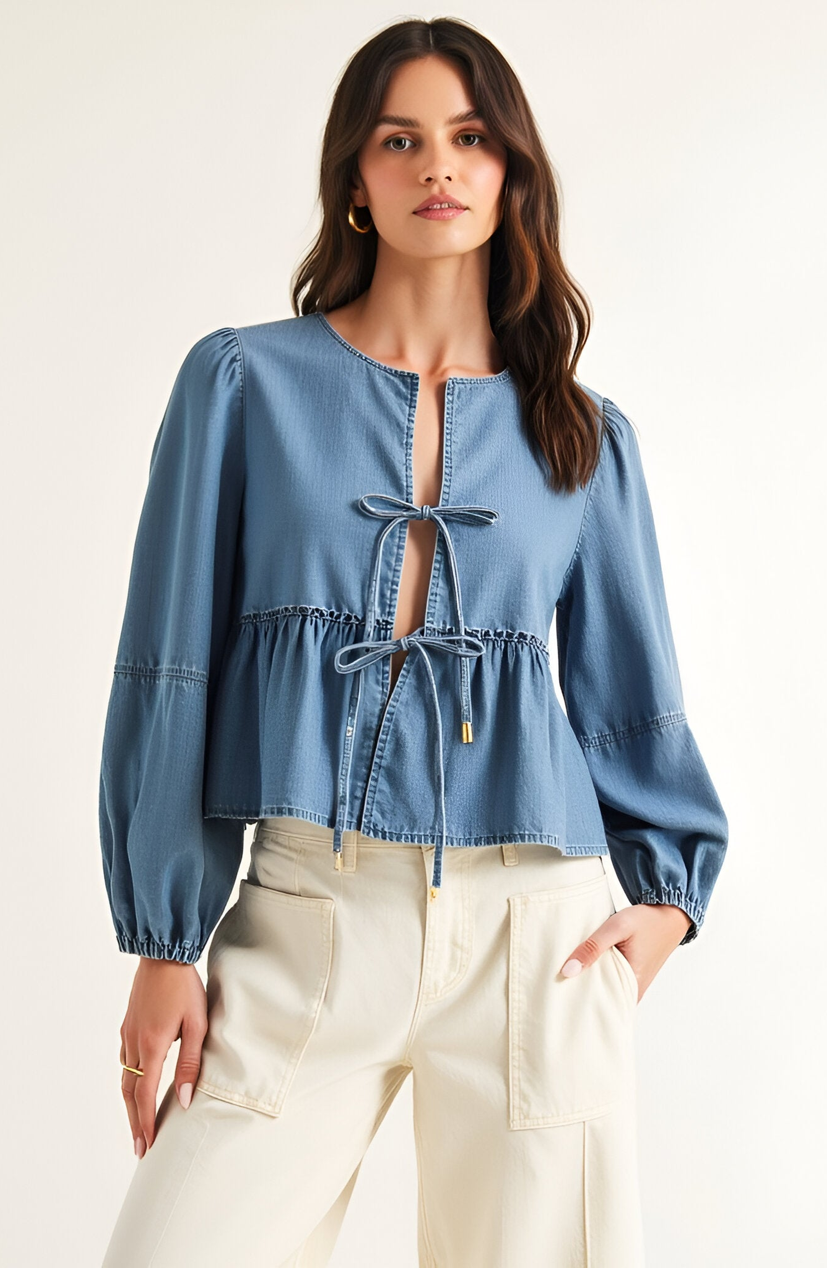 Long Puff-Sleeve Tie-Front Peplum Denim Blouse