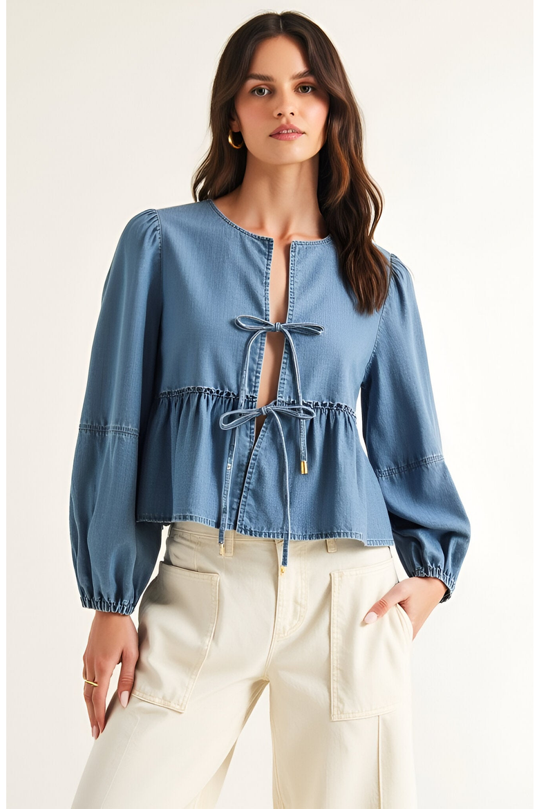 Long Puff-Sleeve Tie-Front Peplum Denim Blouse, Main, color, Denim Blue