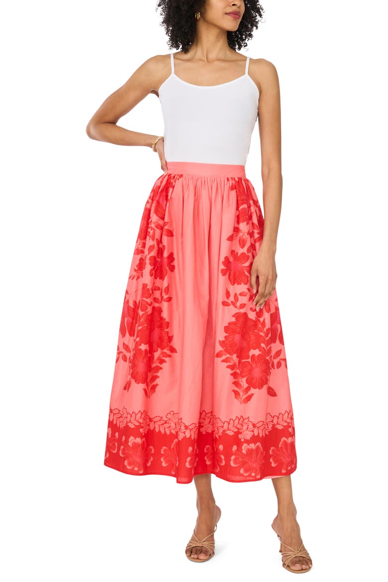 Placed Floral Cotton Skirt, Alternate, color, LOBSTER RED