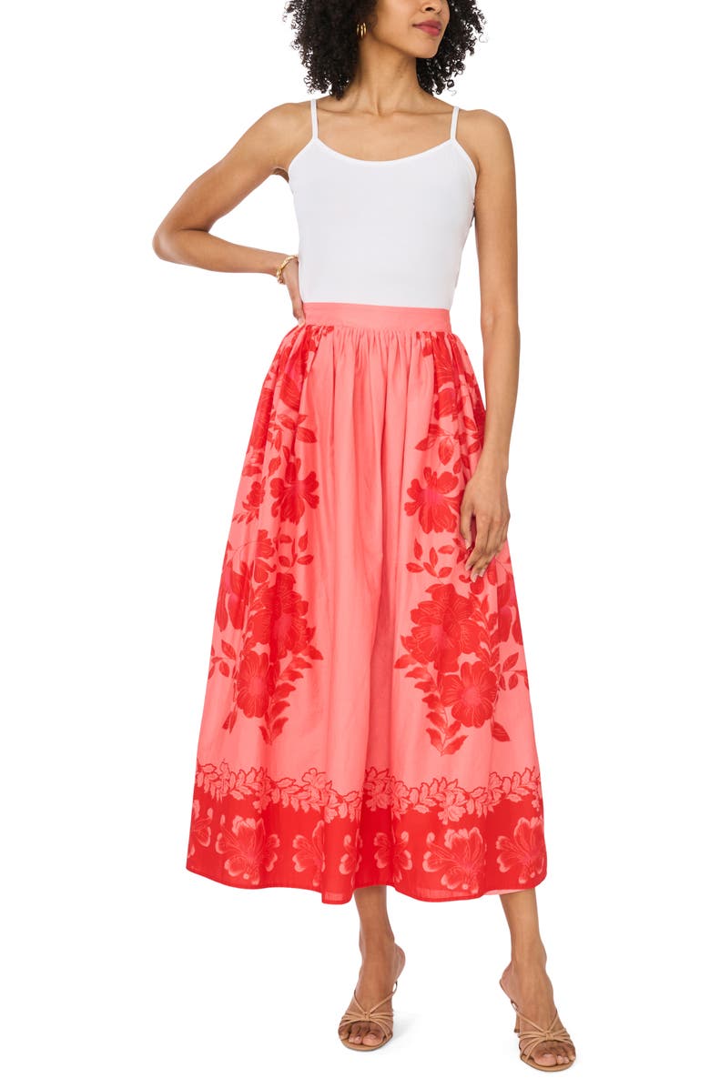 Vince Camuto Placed Floral Cotton Skirt, Alternate, color, Lobster Red