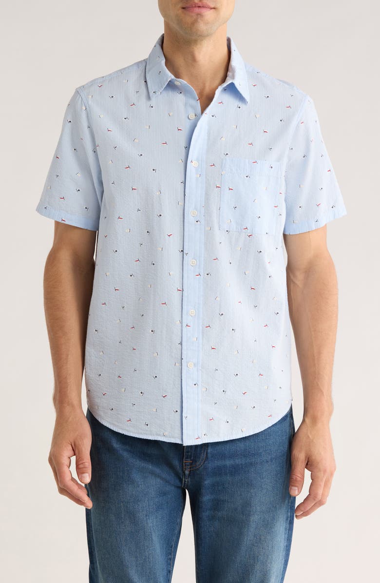 14th & Union Cotton Seersucker Short Sleeve Button-Up Shirt, Main, color, Blue Sunny Day Flags