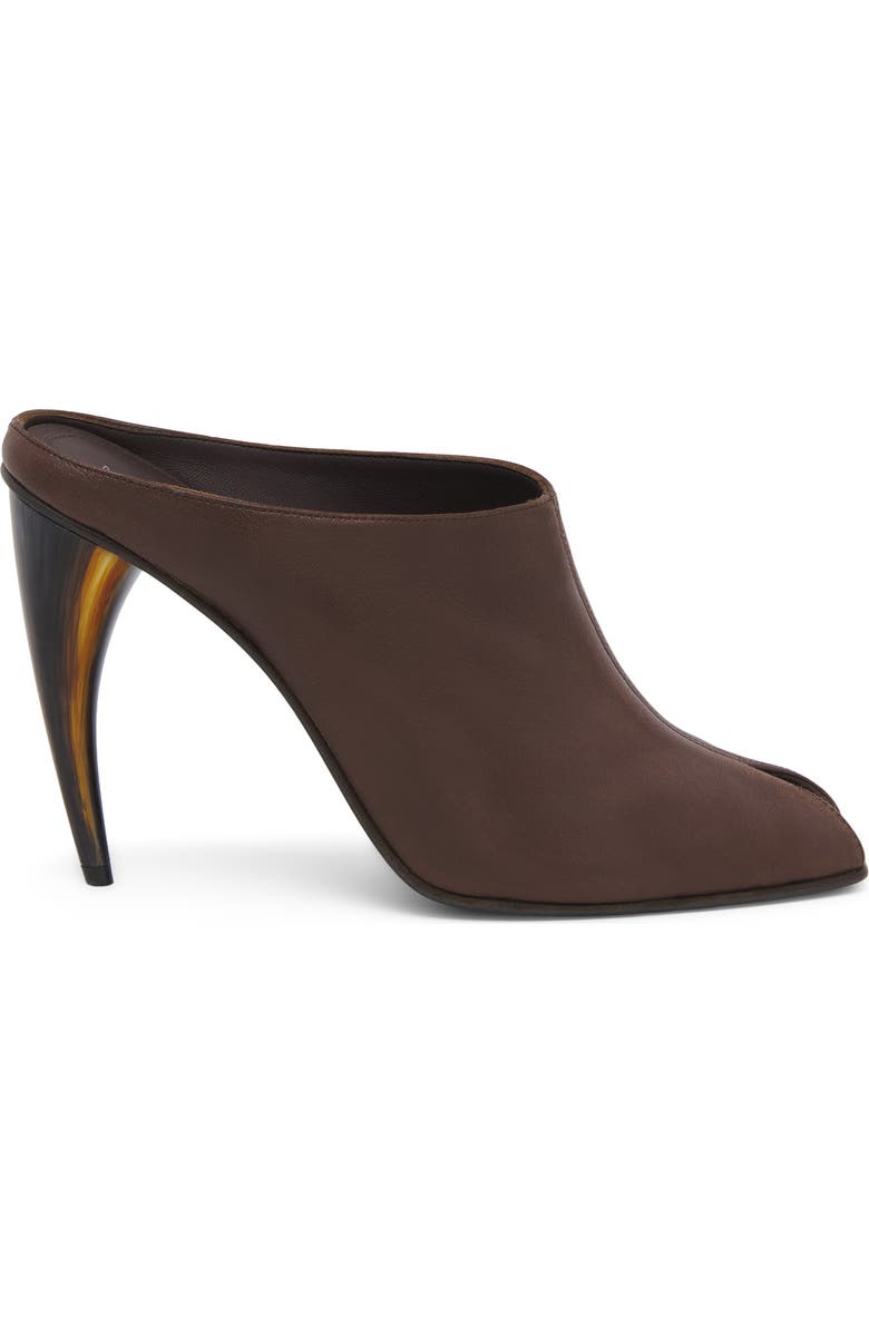 McQueen Horn Shaped Heel Peep Toe Mule, Alternate, color, Vintage Brown