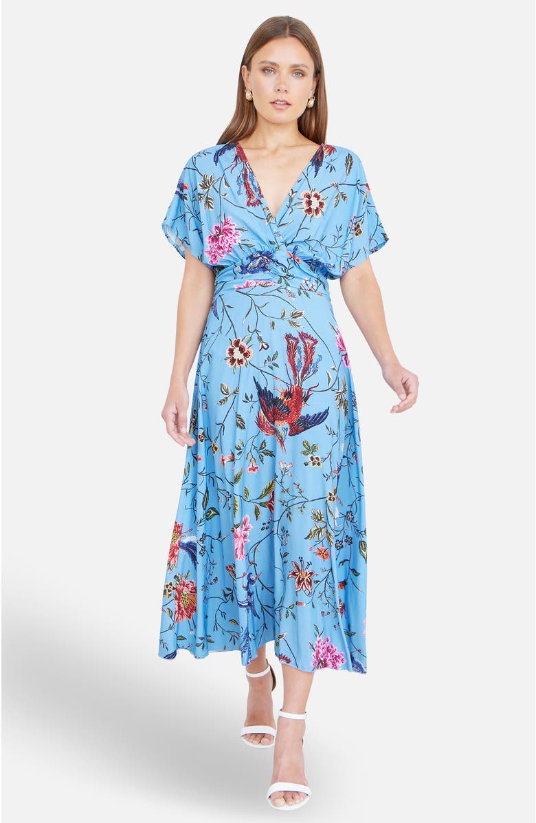 Yumi Bird And Floral Print Midi Dress, Main, color, Blue