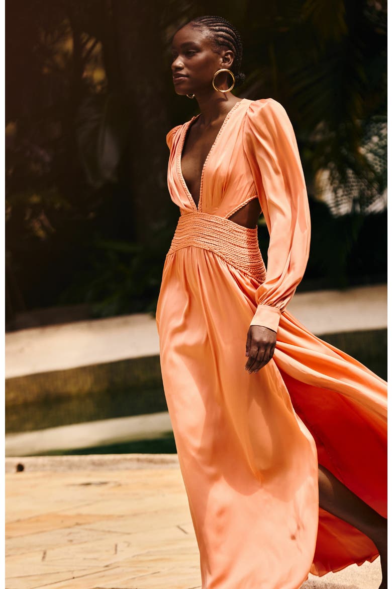 Satin Sunset Long Sleeve Gown, Alternate, color, ORANGE